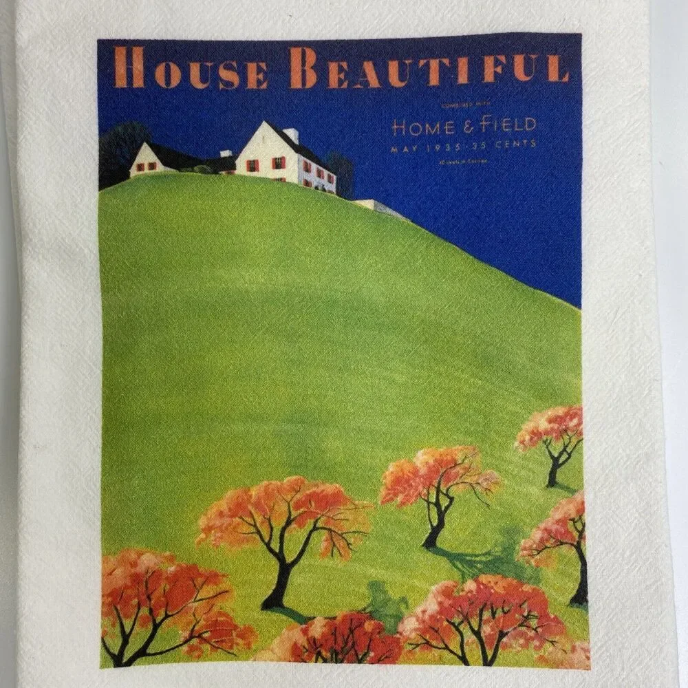 2 House Beautiful Tea‎ Hand Towels Vintage Graphics Ribbon Notecard Farmhouse